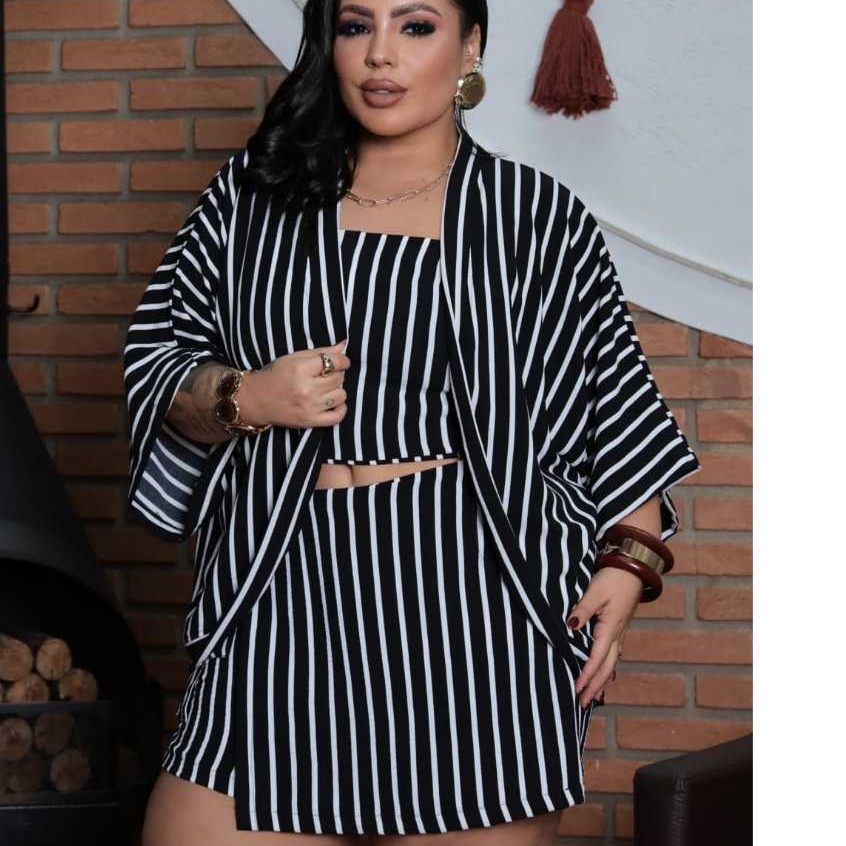 Trijunto Feminino Plus Size 3 Peças Kimono + Cropped + Short Estampado | Conjunto Elegante Moda Feminina Tendência