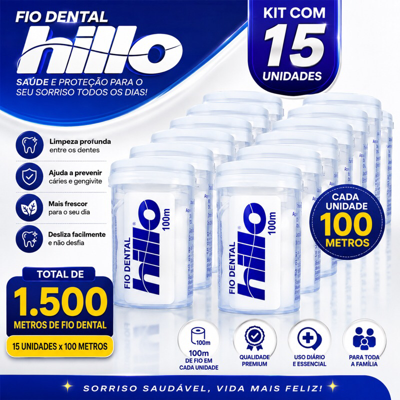 Kit Com 15 Fio Dental 100 Metros Hillo- PROMOÇÃO- Original- Para Bolsas Viagens e uso do Dia a Dia