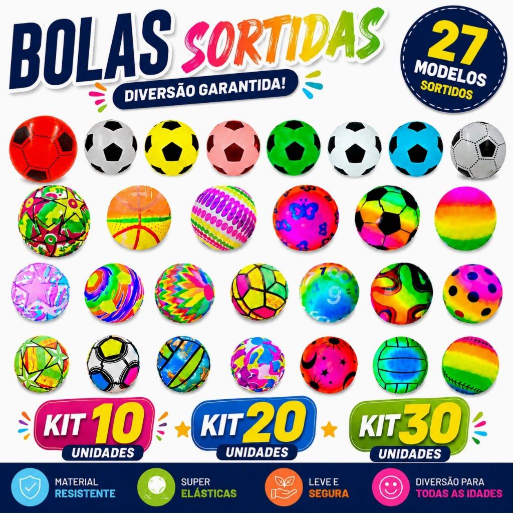 Kit 10/20/30 Bola de Vinil Infantil Colorida Brinquedo Cor sortida para Crianças Praia Festa