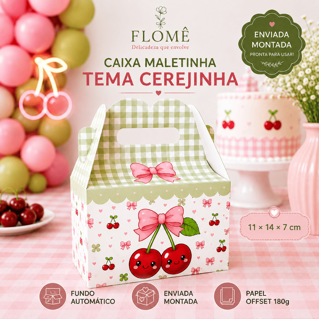 Caixa Lembrancinha Cerejinha Personalizada Maleta Festa Aniversário 11x14x7cm