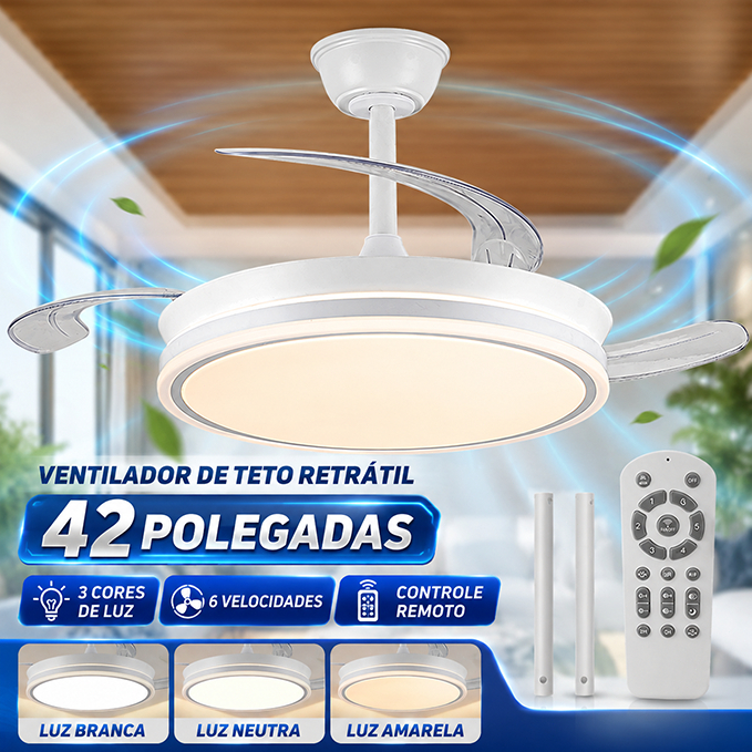 107cm Ventilador De Teto Turbo 127/220V Bivolt Silencioso Retrátil LED Controle Remoto