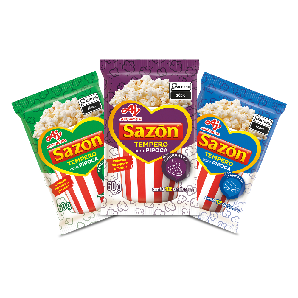 Imagem Kit Tempero SAZÓN® para Pipoca Manteiga, Churrasco e Cebola e Salsa - Combinação de Sabores para Sessões de Cinema