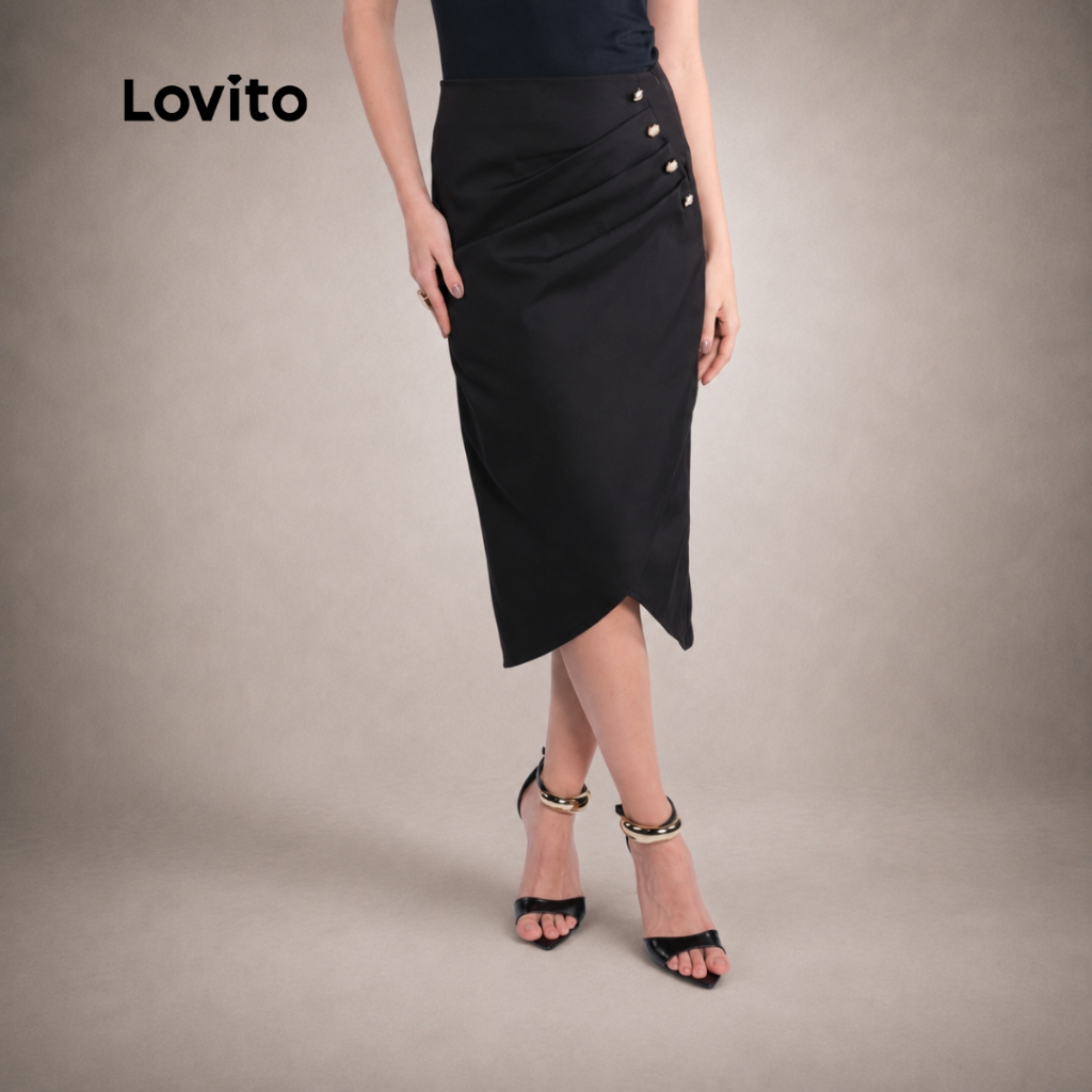 Lovito Saia Feminina Alfaiataria Midi Drapeada com Botões SKB21392169