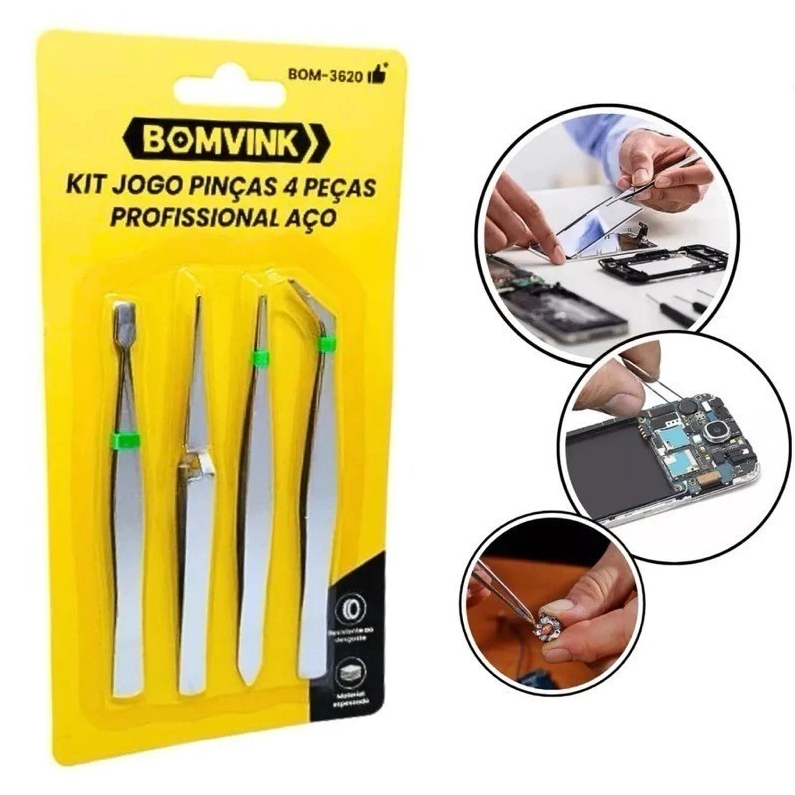 Kit Pinças Profissionais com 4 Peças de Aço Inoxidável