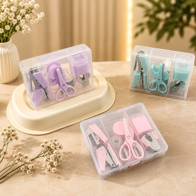 kit mini grampeador + perfurador + fita adesiva + extrator + tesoura ESCOLHA A COR