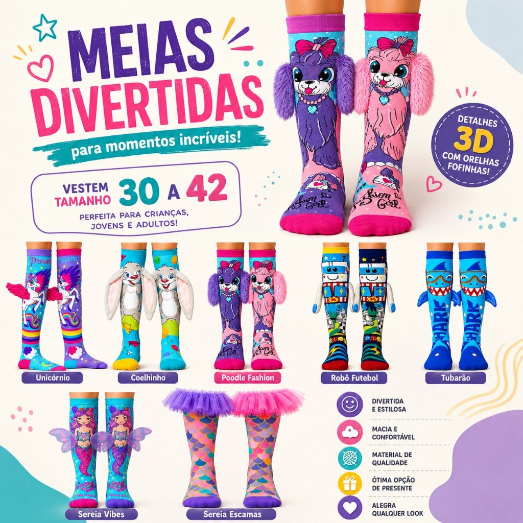 Meia Infantil Divertida 30 ao 42 3D Cano Alto Menina Menino Colorida Confortável Personagens Criativos