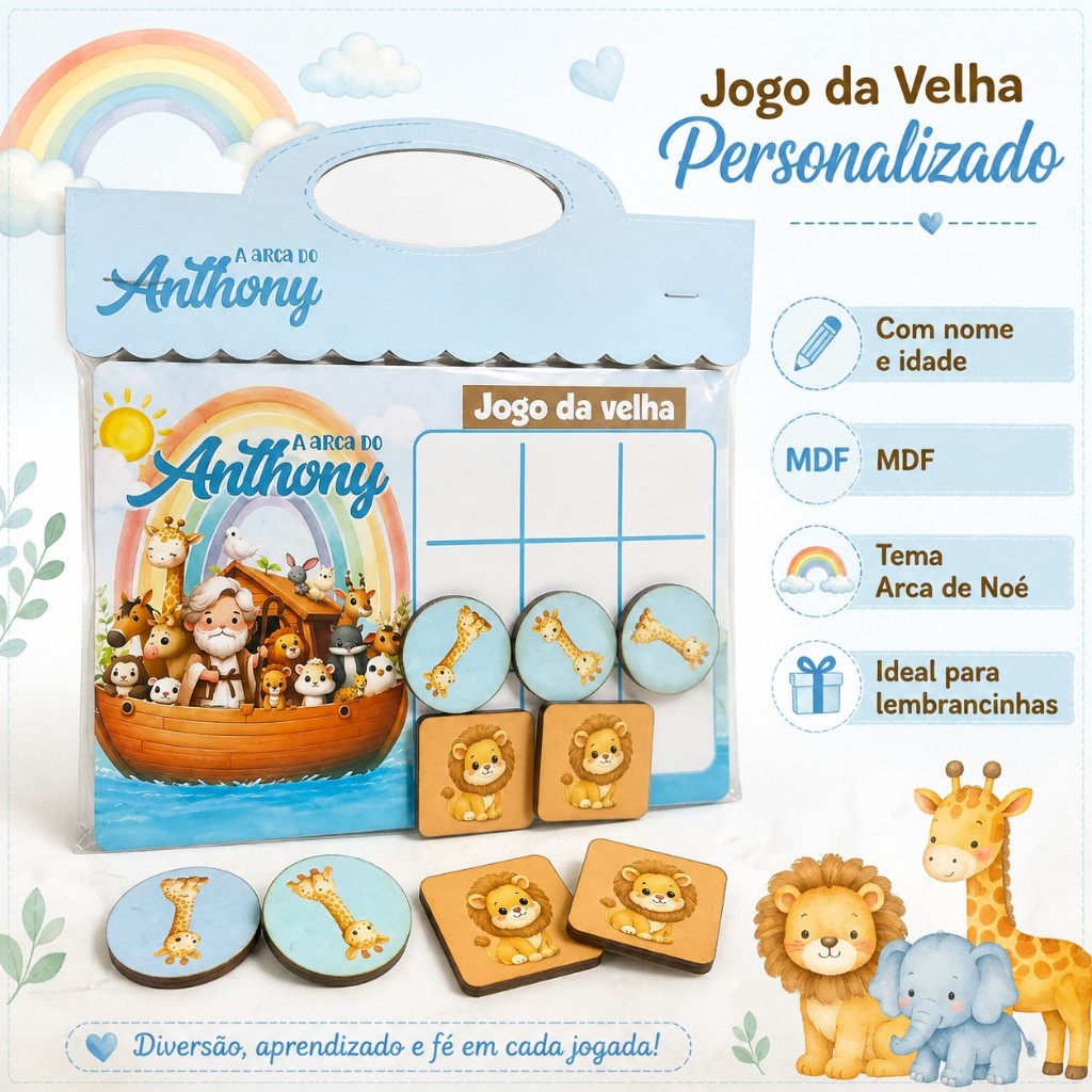 Jogo da Velha Personalizado MADEIRA Arca de Noé | Lembrancinha Festa Infantil Aniversário com Nome e Idade