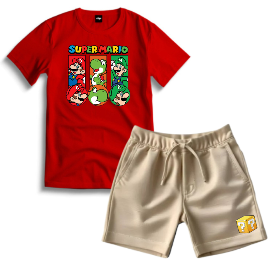Conjunto Infantil Masculino Menino Camiseta Bermuda Estampada Personagem Super Mario Roupa Verão
