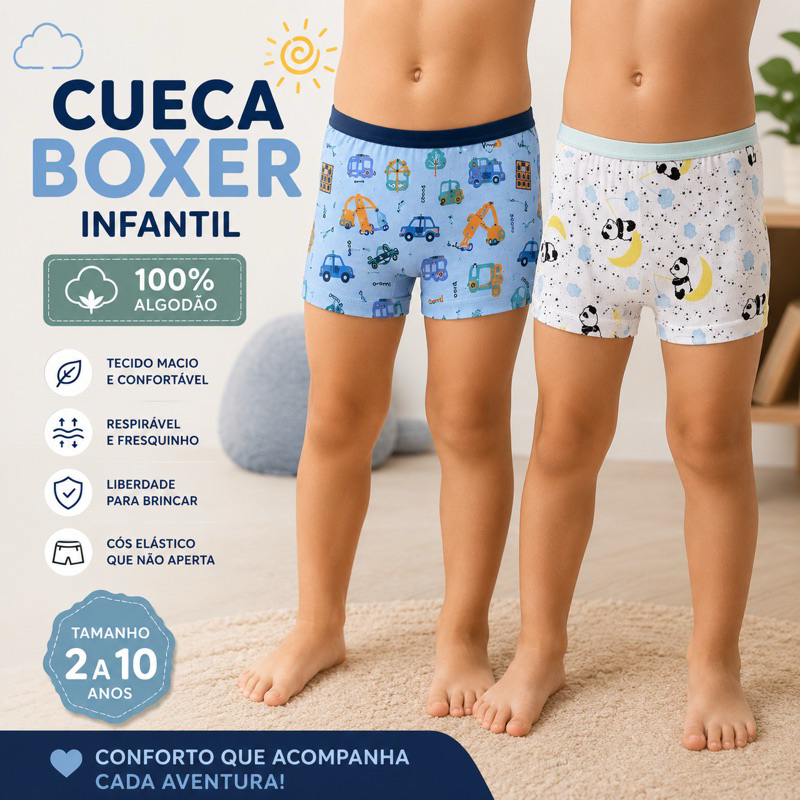 Kit até 12 Cueca Boxer Infantil Menino 2 a 10 Anos Conforto Premium