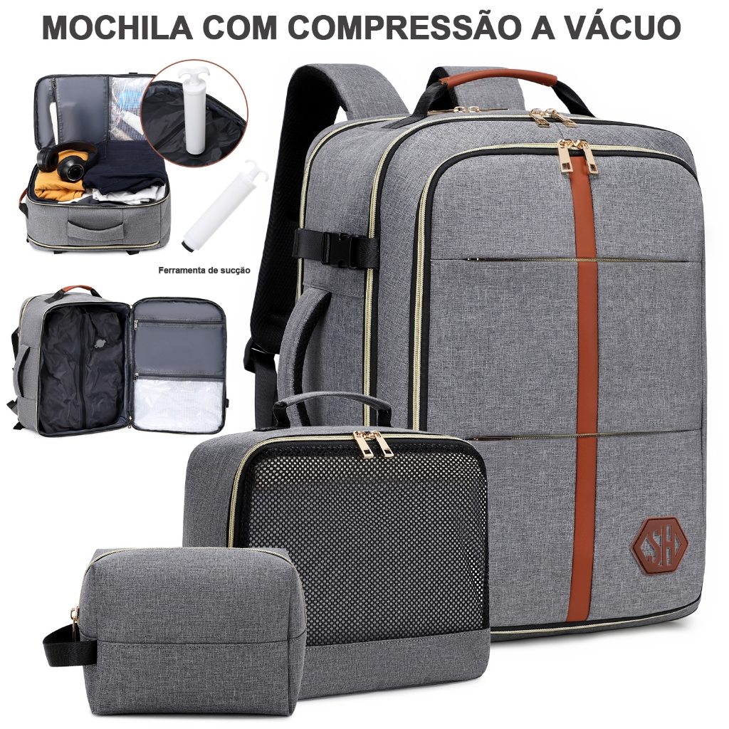 Kit 4 Peças Mochila com Compressão a Vácuo, Mala de Viagem de Avião Executiva Grande Impermeável para Notebook