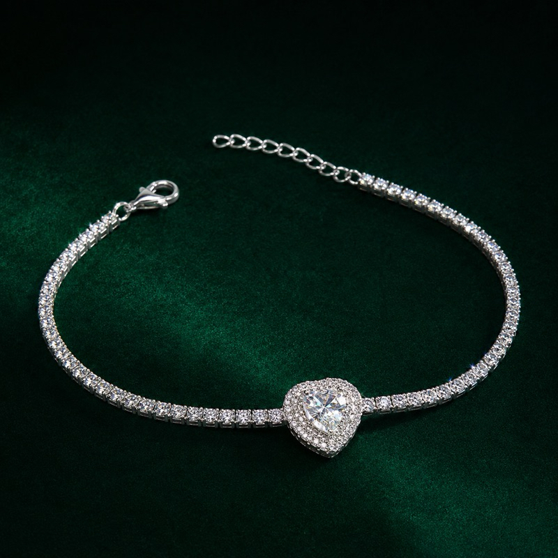Pulseira Riviera Tansparente 2mm Coração Cravejado Prata 925 Sofisticada e Delic