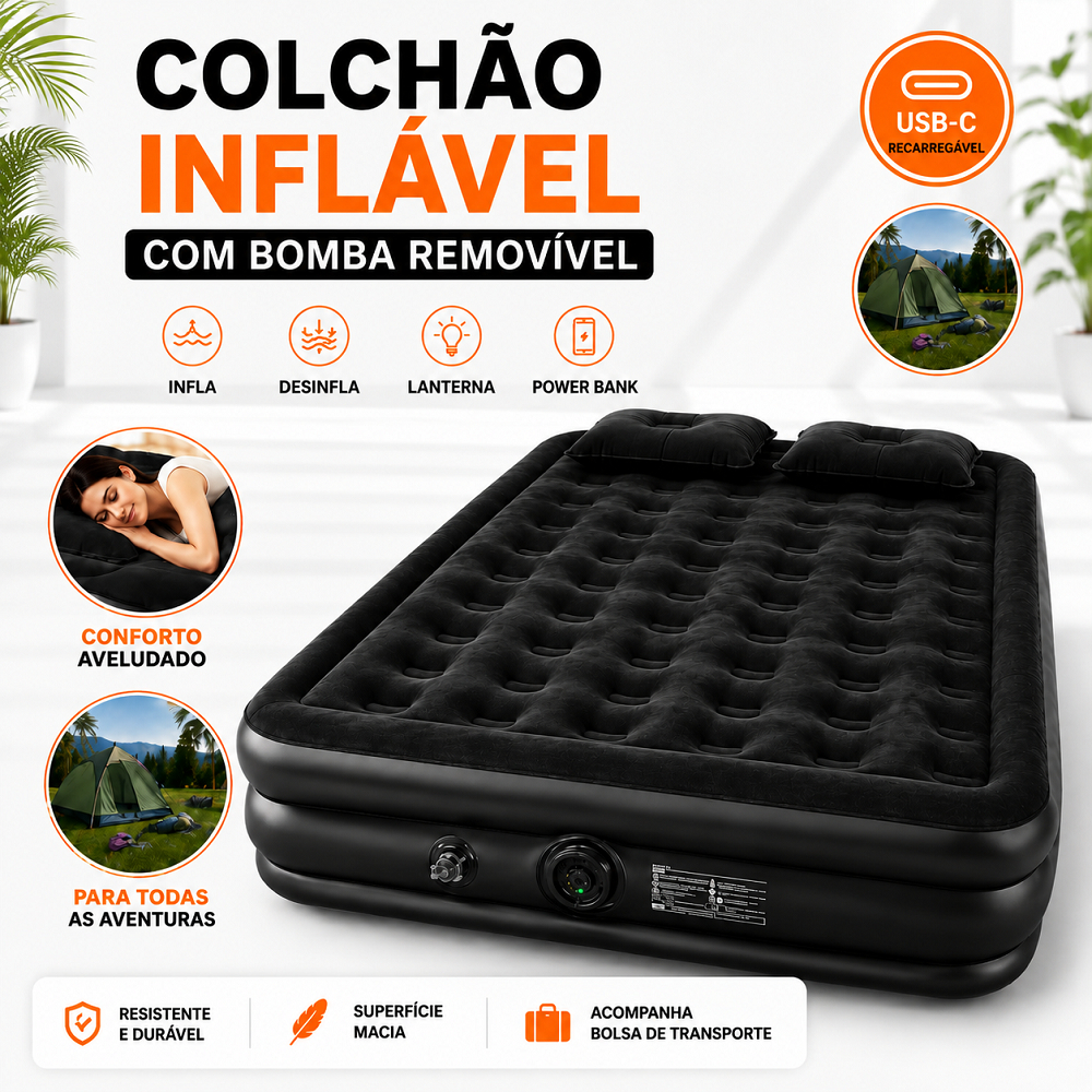 Colchão Inflável Casal 203x180x41cm C/Bomba Recarregável Removível USB-C Lanterna Power Bank 2 Travesseiros