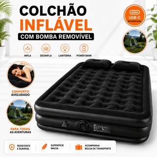 Colchão Inflável Casal 203x180x41cm C/Bomba Recarregável Removível USB-C Lanterna Power Bank 2 Travesseiros