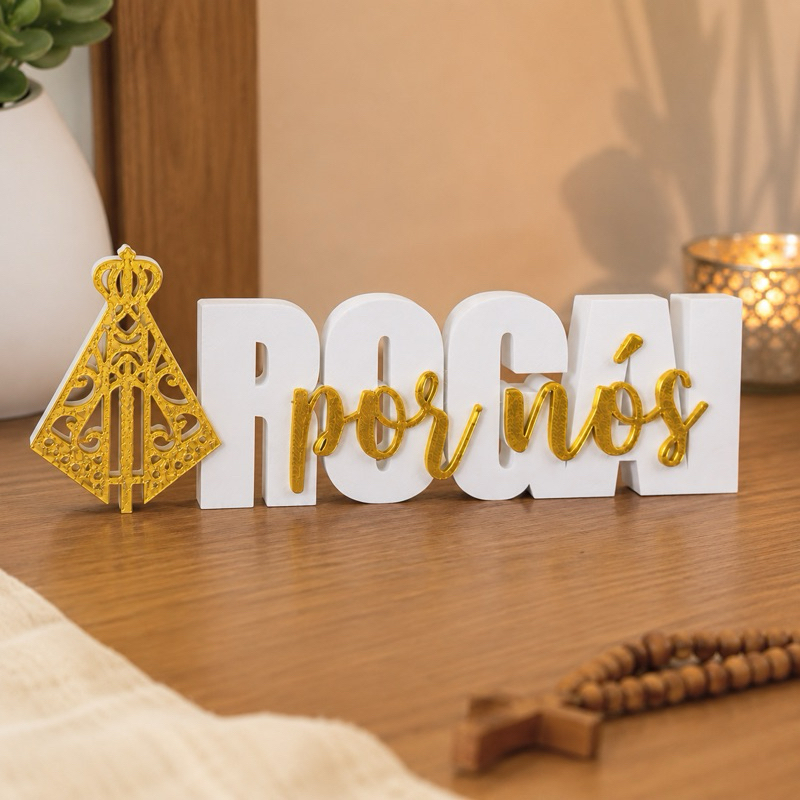 Nossa Senhora Aparecida Rogai Por Nós Decoração Católica Enfeite Religioso Branco Dourado Fé Presente Devocional