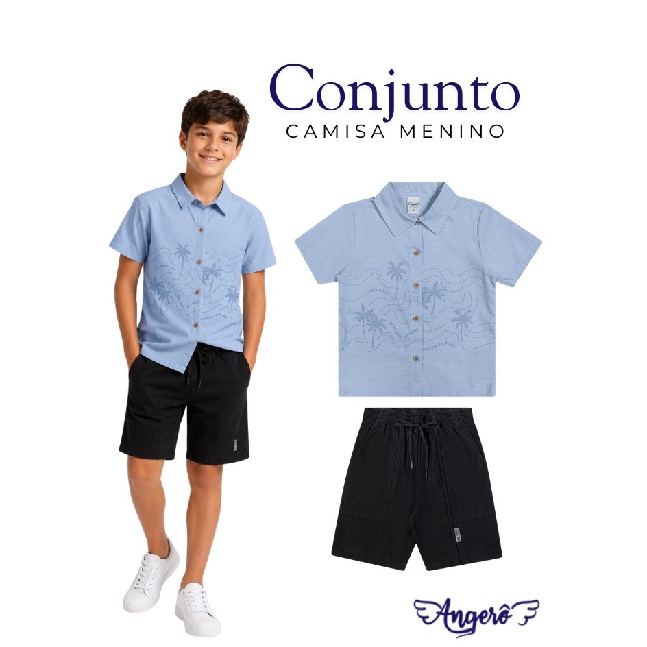 Conjunto Infantil Menino Angerô Camisa Azul Claro Tropical e Bermuda Preta Texturizada Ref:29080