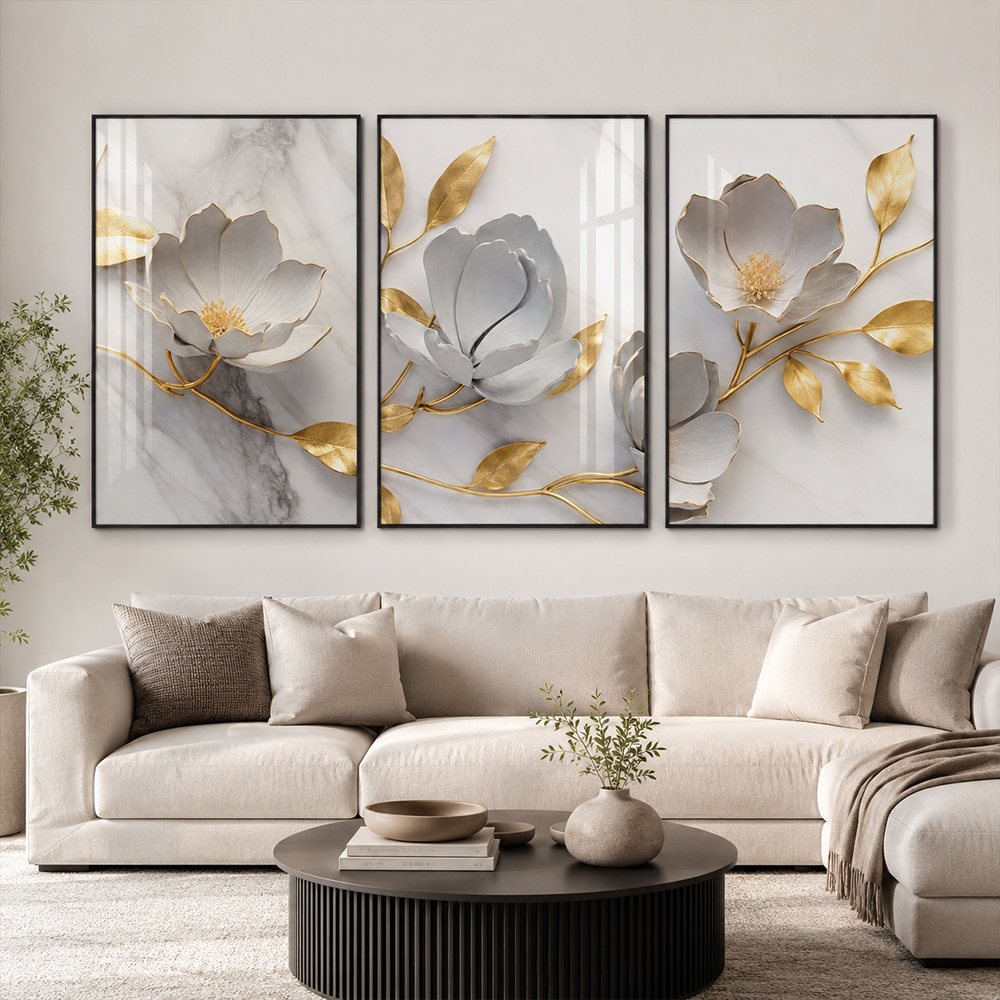 Quadro Decorativo Trilogia Floral Dourada Moldura Sala Quarto Escritorio