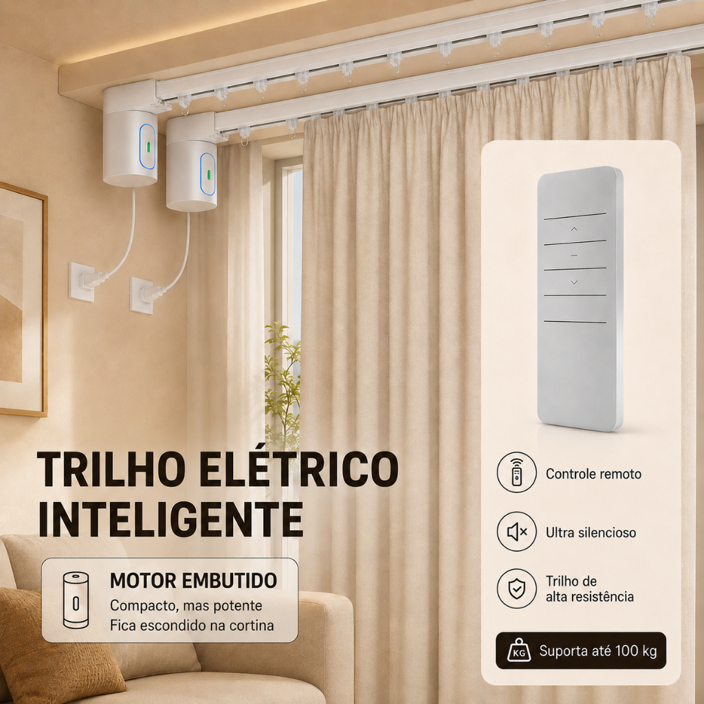 Trilho Elétrico Inteligente para Cortina com Motor Embutido,  Ajustável Silencioso, Suporta até 100kg