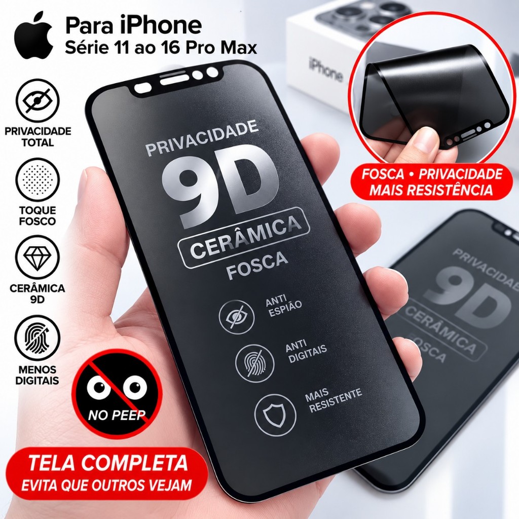 Película Privacidade Cerâmica Fosca Anti Espião Full Cover para iPhone 15 14 13 Pro Max 12 11 XR X 6 7 Plus