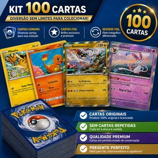 Kit com 100 Cartas Pokemon Originais Sem Repetidas e com Brilhantes Garantida