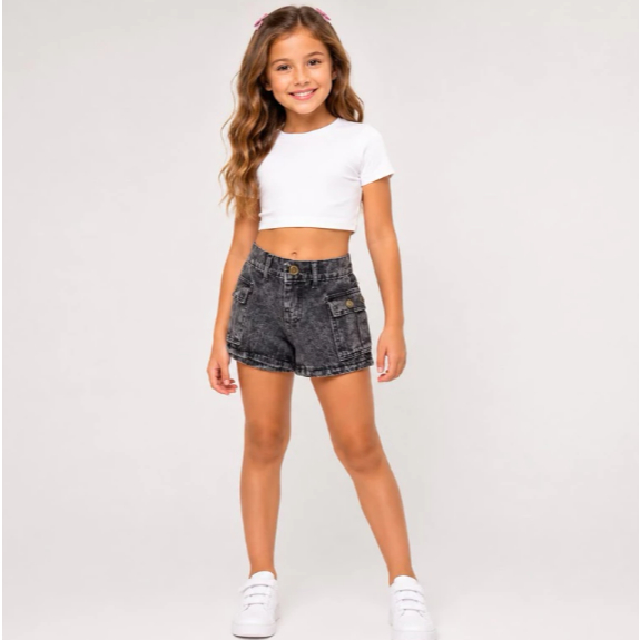Short Cargo Jeans Infantil Menina Juvenil Cintura Alta Bolso Lateral