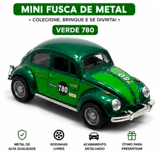 Miniatura do Fusca Herbie - Verde Colorido, Portas que Abrem e Tração por Fricção