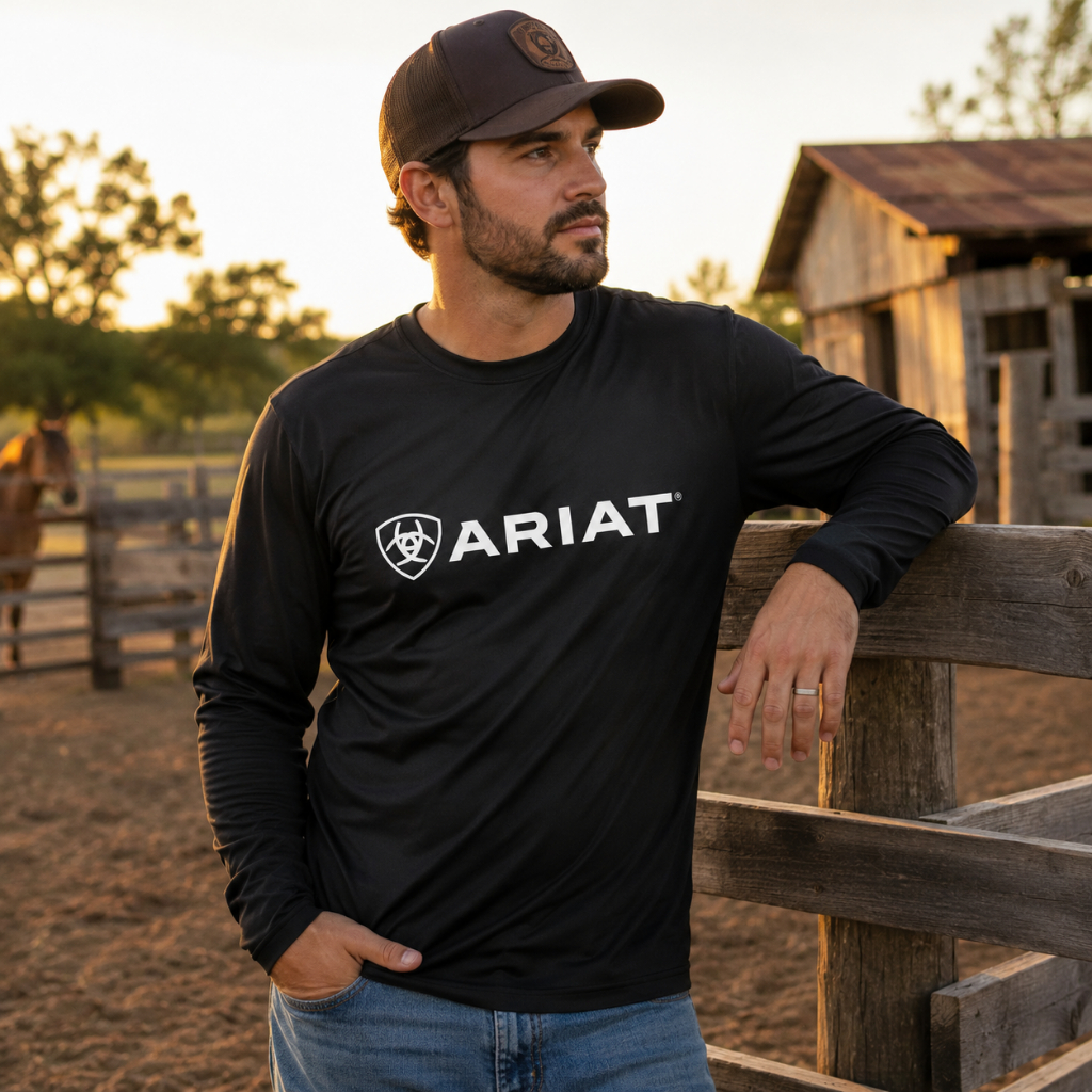 Camiseta Manga Longa UV ARIAT Camisa Manga Comprida Premium Country Masculino Feminino Roça Proteção Solar Confortável