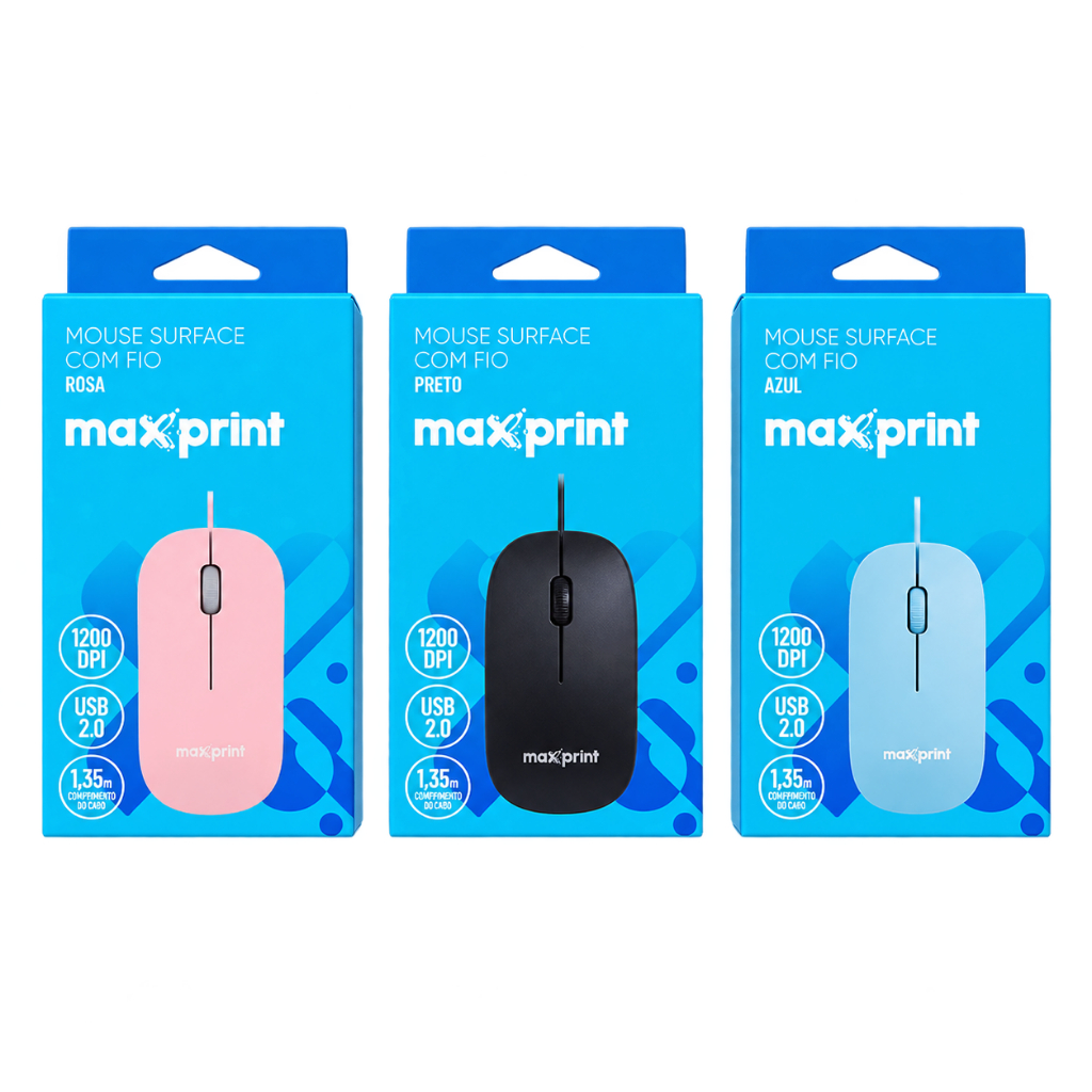 Maxprint Mouse Surface Com Fio USB Plug And Play Ergonomico Silencioso Azul Preto Rosa