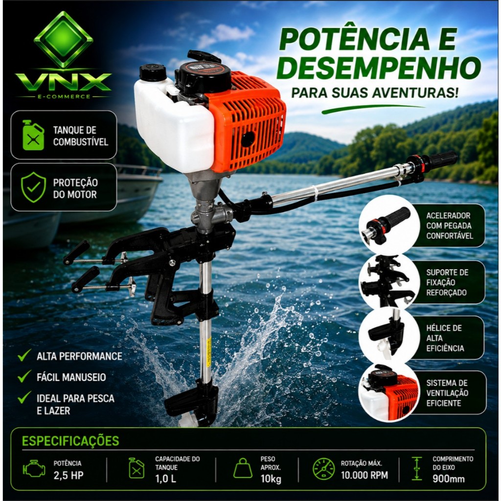 Motor de popa para barco de pesca bote caiaque Embarcação até 5 metros Leve Compacto e Potente