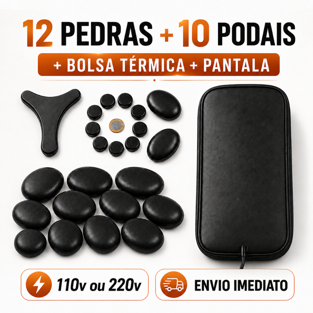 Kit Completo Massagem 12 Pedras Vulcânicas + 10 Podais + Bolsa + Pantala Massageador Facial