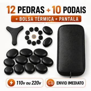 Kit Completo Massagem 12 Pedras Vulcânicas + 10 Podais + Bolsa + Pantala Massageador Facial