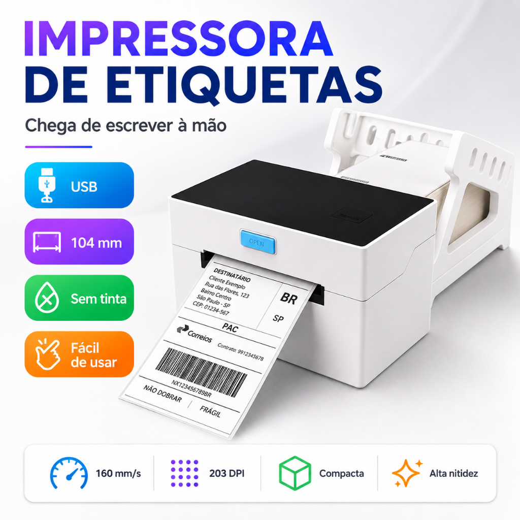 Impressora Térmica de Etiquetas 110mm USB 203DPI 160mm/s com Suporte para Envios Código de Barras Sem Tinta