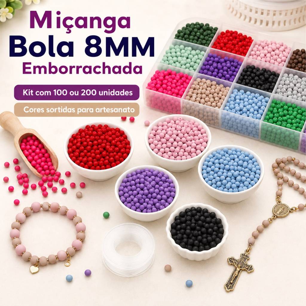 Kit 100 E 200 Unidades Miçanga Bola Emborrachada 8mm Sortidos Artesanato Terço Pulseira