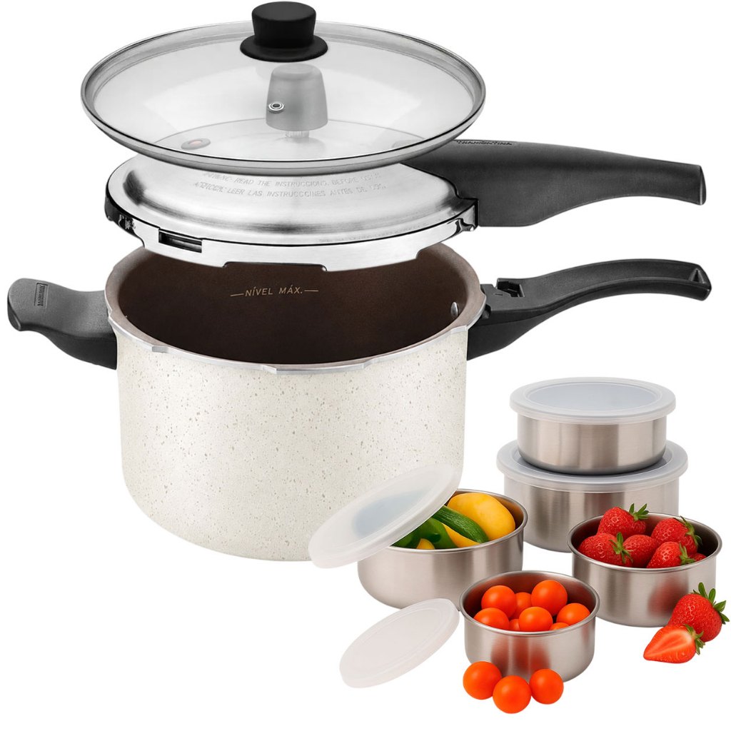 Panela de Pressão 2 em 1 Tramontina Vancouver 4,5L Bege Antiaderente C/ Kit de Bowls Aço Inox 5 pçs