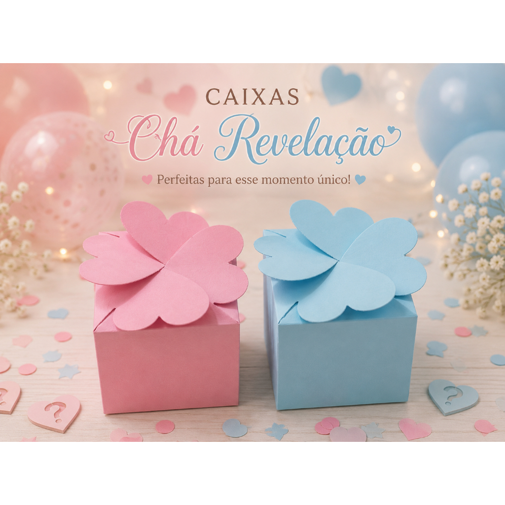 Kit Caixinhas Chá Revelação Fechamento Coração Papel 180g Lembrancinha Rosa Azul ou Cores Personalizadas
