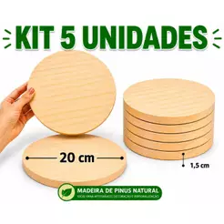 KIT 5 BOLACHA REDONDA DE PINUS 20 CM — MADEIRA NATURAL REDONDA | PLACA REDONDA MADEIRA PINUS 20 CM