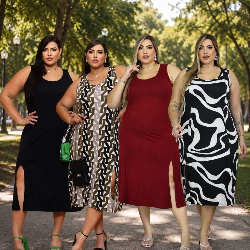 Vestido Midi Regata Plus Size Curve Curvy Com Fenda Tendência
