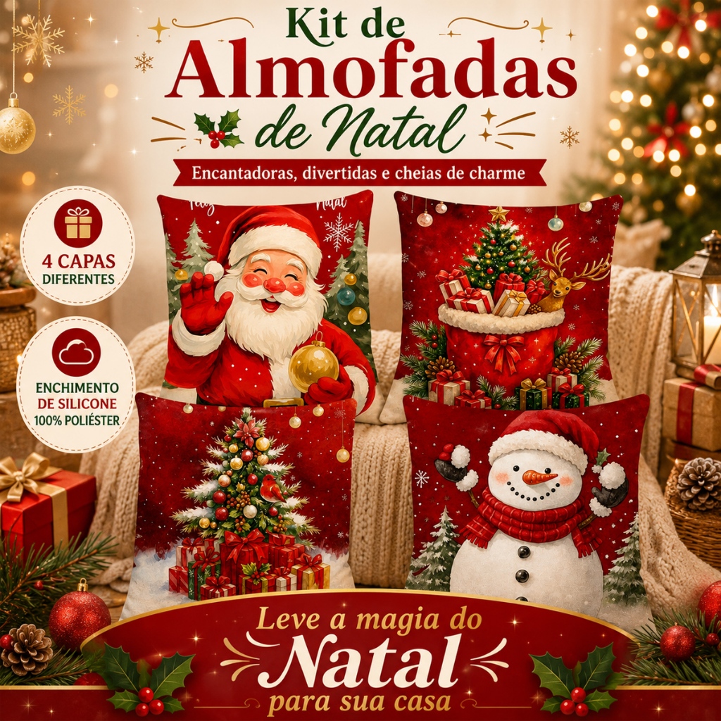Almofadas Decorativas de Natal Kit 4 Capas Papai Noel Feliz Natal 45x45 cm
