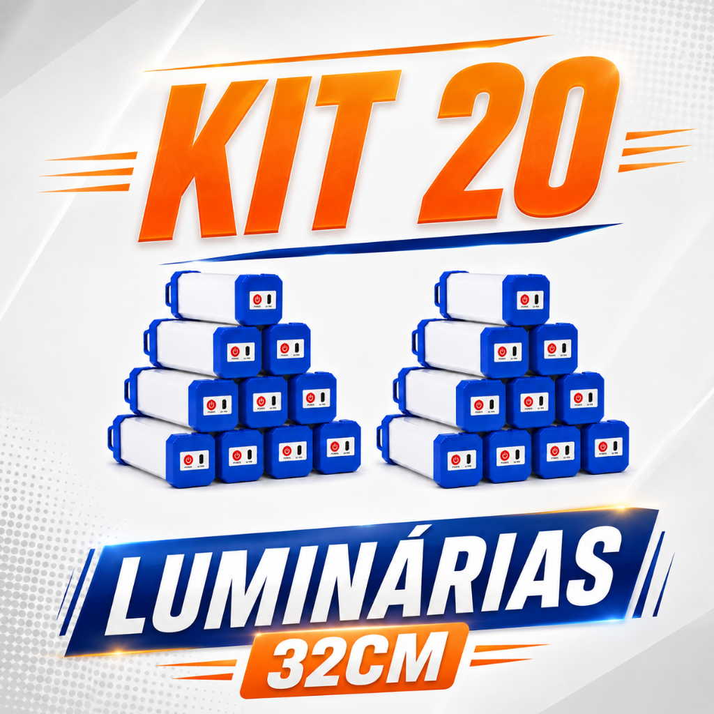 Kit 20 Luminárias Emergência LED 32cm 40W Recarregáveis USB com Fixação Magnética e Gancho para Casa Trilhas e Aventuras