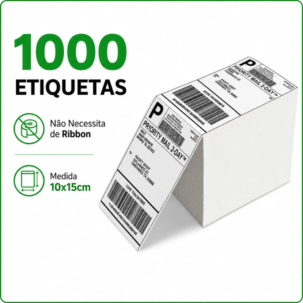 1000 Etiquetas Térmica Adesiva Resma 10x15cm E-commerce Envios Zebra Elgin Impressora Sem Ribbon