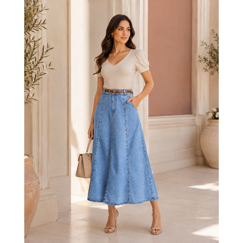 Saia Jeans Midi Evase Marmorizada Feminina Moda Evangelica FORMA PEQUENA