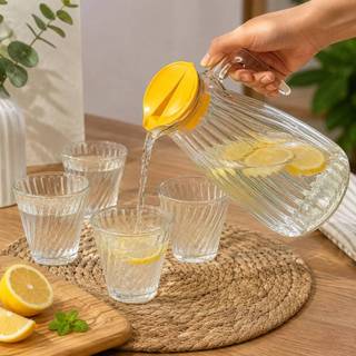 Jarra De Suco De Vidro 820ML Com 4 Copos 260ml Com Tampa De Plastico
