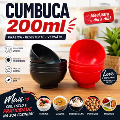 KIT 5 e 10 CUMBUCA 200ML PLÁSTICO RESISTENTE CORES SORTIDAS PETISCOS SOPA COMEMORAÇÃO