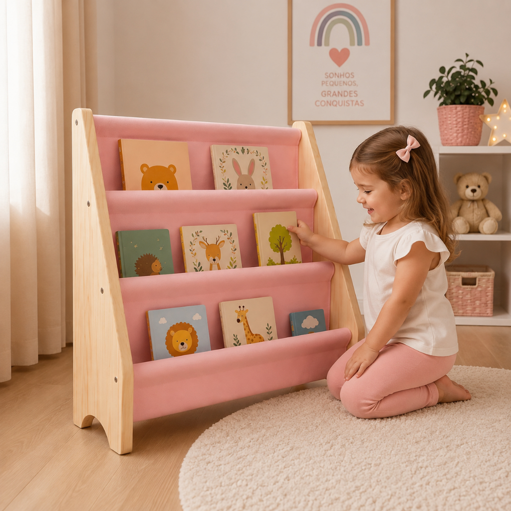 Estante Infantil Mini Rack Porta Livros Montessori Organizador Madeira Livreiro Montessoriano Rosa!