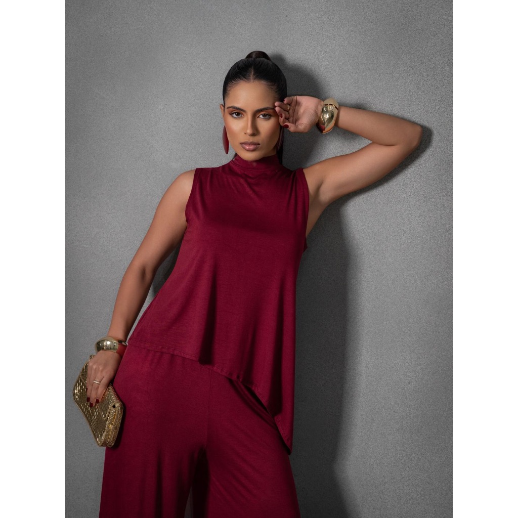 Conjunto Feminino Viscolycra Blusa Regata e Calça Pantalona Elegante Confortável Casual Moda Tendência Premium