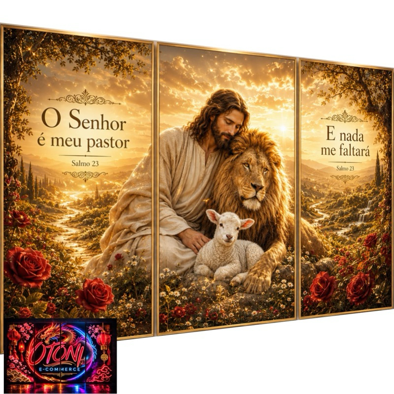 Quadros Decorativos Jesus Cristo Leão e Cordeiro Religioso Paisagem Por Do Sol 3 Peças Decoração Sala Quarto Escritório