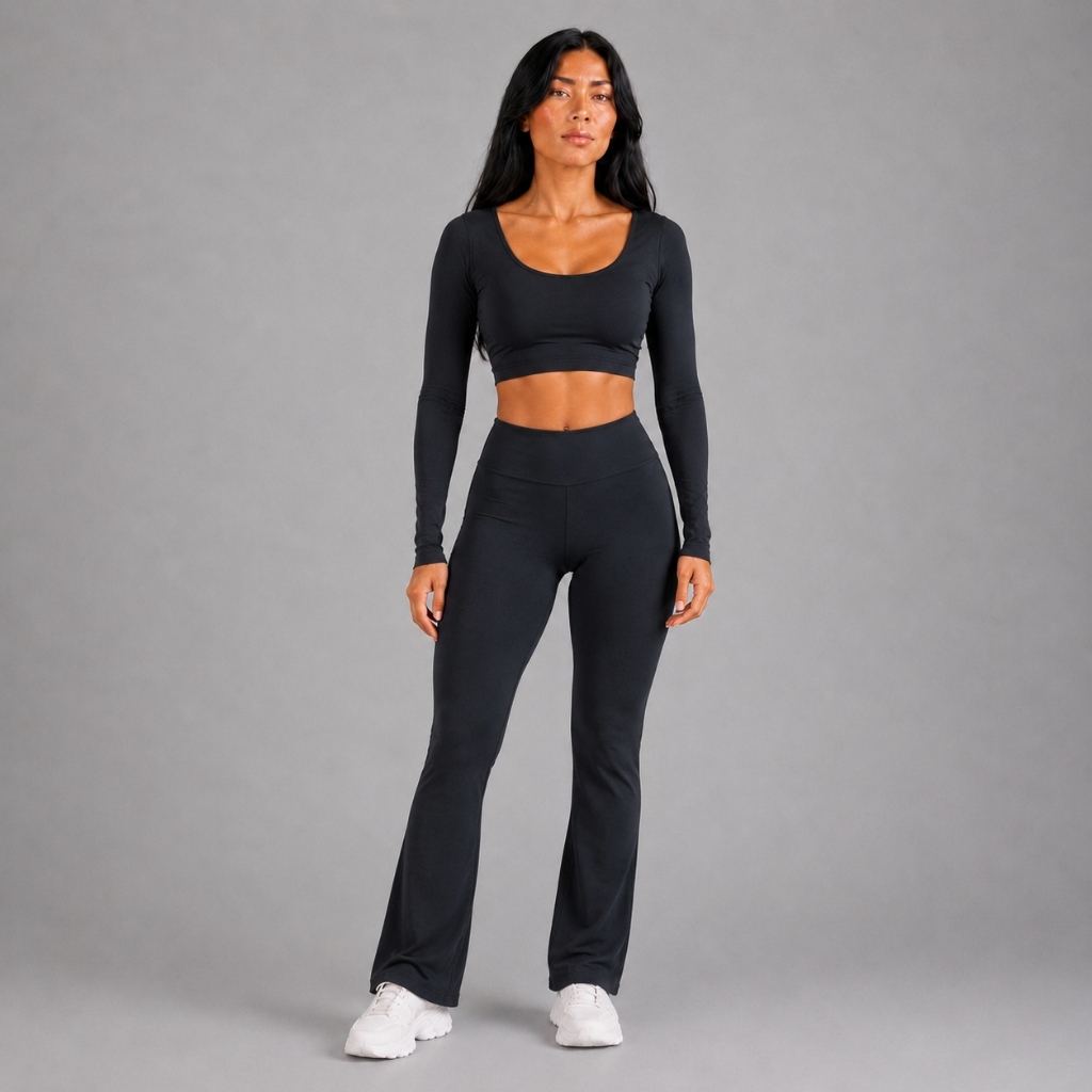 Conjunto Fitness Zero Transparência Top Longo + Calça Flare
