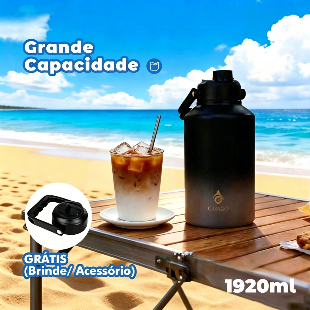 CIVAGO Garrafa Térmica Inox 1920ml Grande Capacidade Portátil para Camping com T