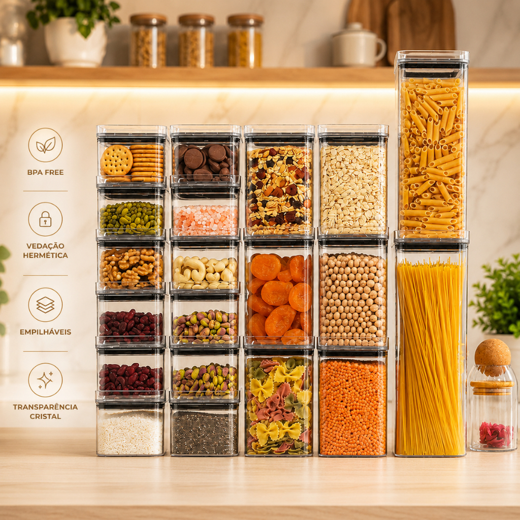 Kit 20 Potes Porta Mantimento Herméticos 2,3litros 1,1litro 500ml Acrílico Empilhável Transparência Cristal Livre de BPA