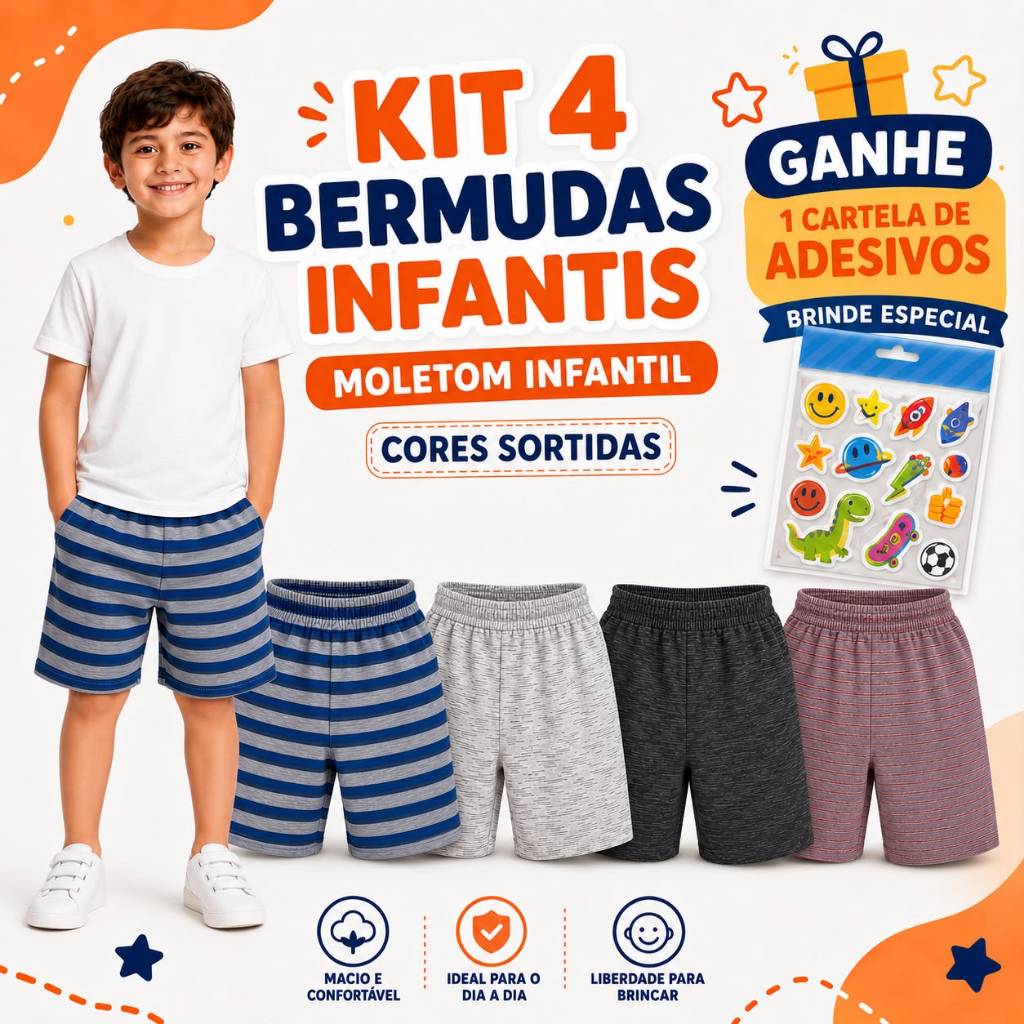 KIT 4 BERMUDAS MOLETOM +BRINDE SHORTS MENINO INFANTIL JUVENIL CORES SORTIDAS TAM 4,6,8,10,12 ACABAMENTO DE QUALIDADE