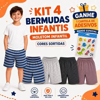 KIT 4 BERMUDAS MOLETOM +BRINDE SHORTS MENINO INFANTIL JUVENIL CORES SORTIDAS TAM 4,6,8,10,12 ACABAMENTO DE QUALIDADE